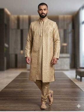 Men's 3 Piece Indian Sherwani Embroidered Cream Sleeveless - Size Large